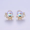14K Gold plated AB Iridescent CZ Circular Ribbon Bow Stud Earrings in Gold & Silver | V498 V499