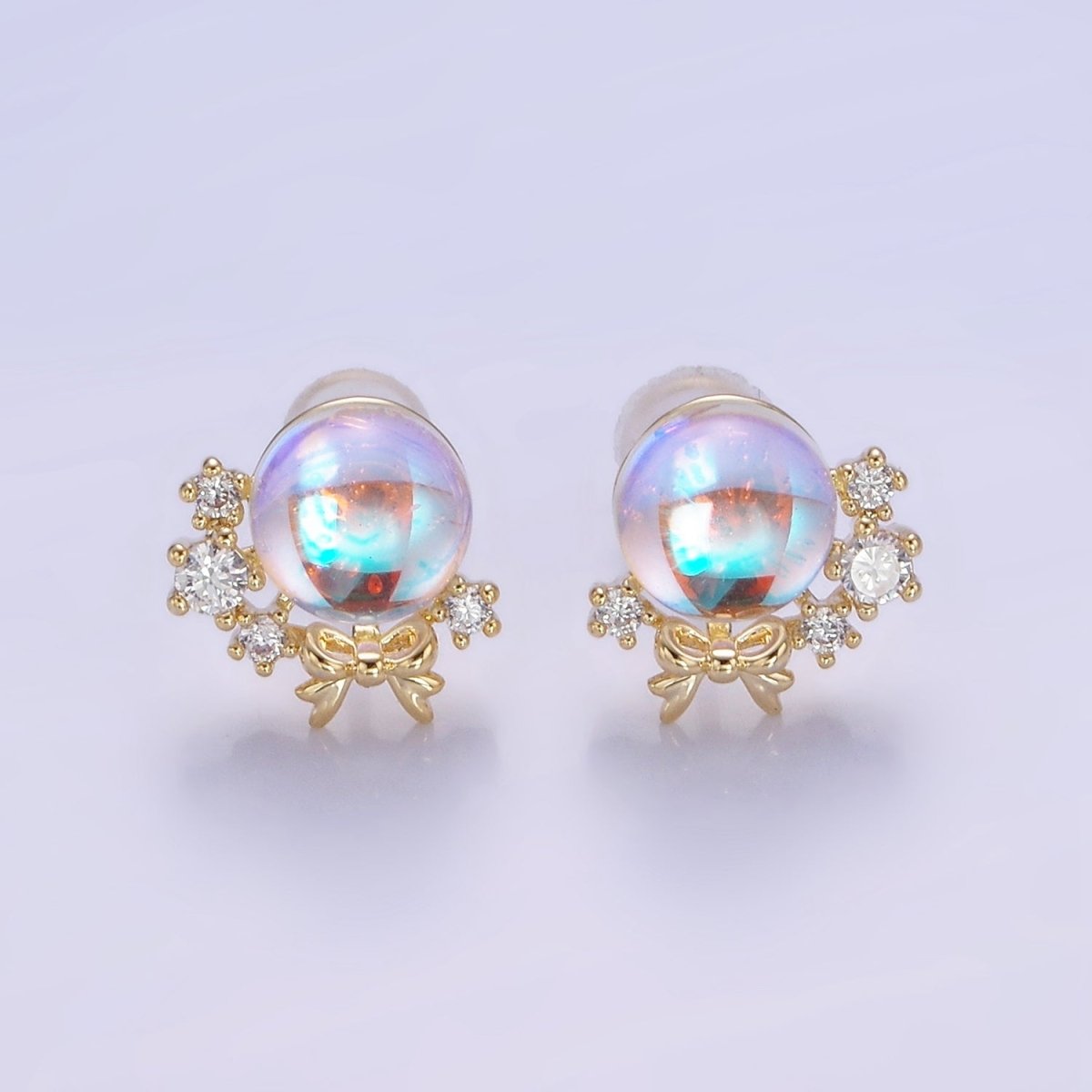 14K Gold plated AB Iridescent CZ Circular Ribbon Bow Stud Earrings in Gold & Silver | V498 V499