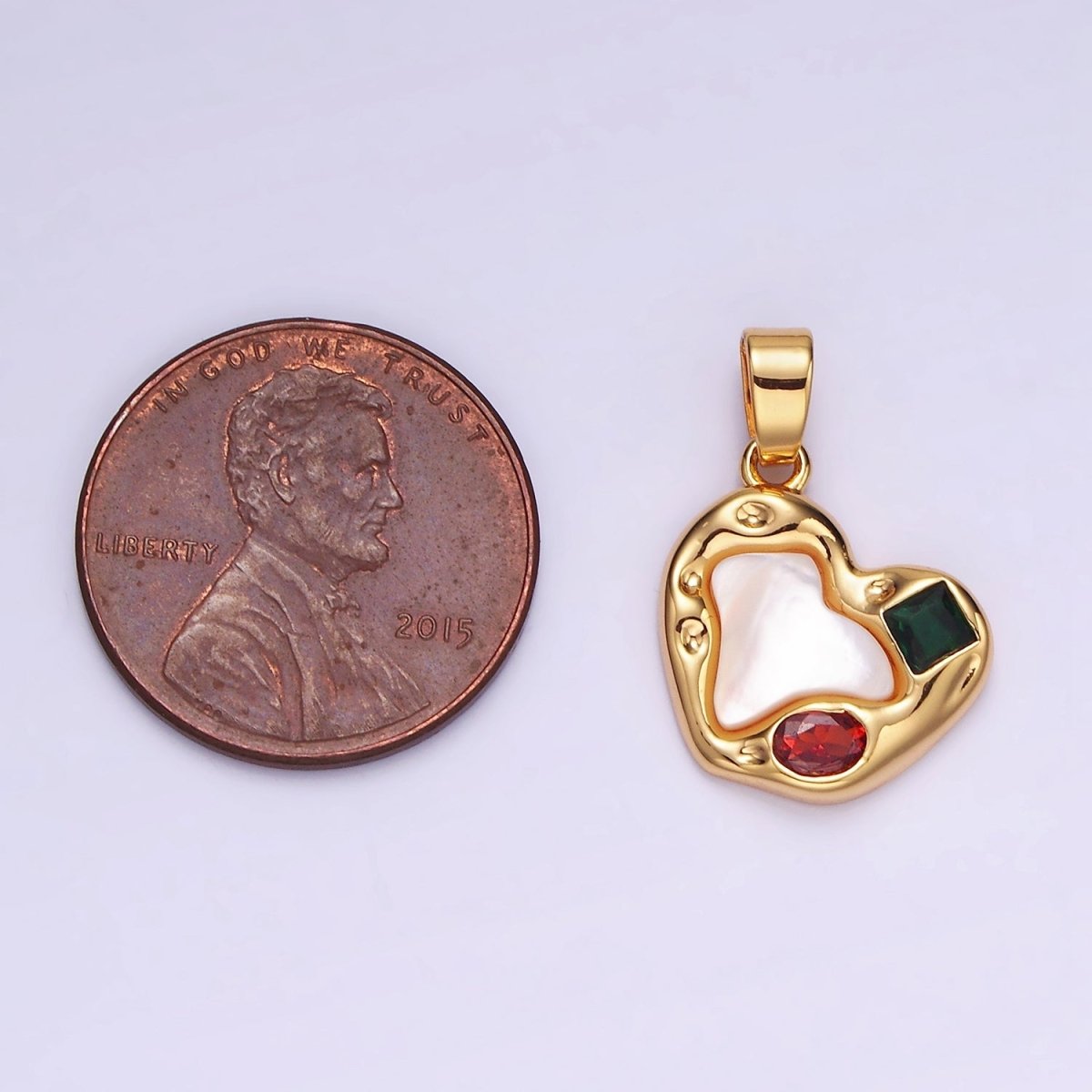 14K Gold plated Abstract Pearl Heart CZ Charm Rustic Love Pendant | AA1193 - DLUXCA