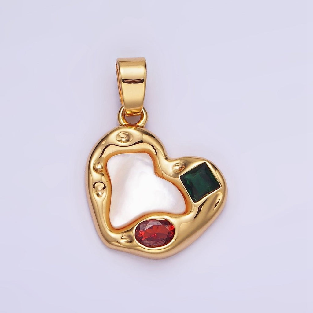 14K Gold plated Abstract Pearl Heart CZ Charm Rustic Love Pendant | AA1193 - DLUXCA