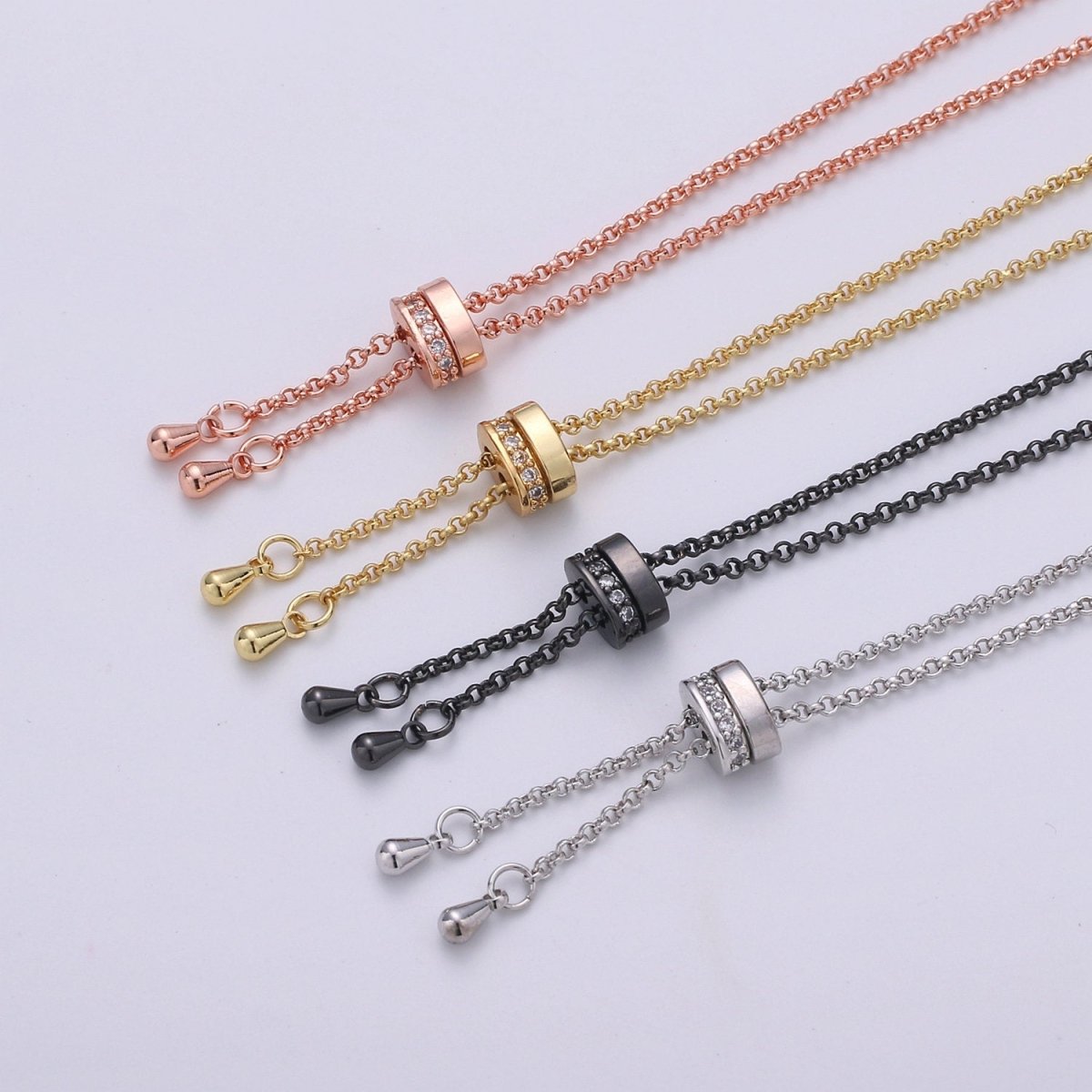 14k Gold plated Adjustable Necklace Half finished Chain Necklace with rubber stopper Rose Gold, Silver, Black Rolo Chain Wholesale 1pc/10pcs K-520 - K-523 - DLUXCA