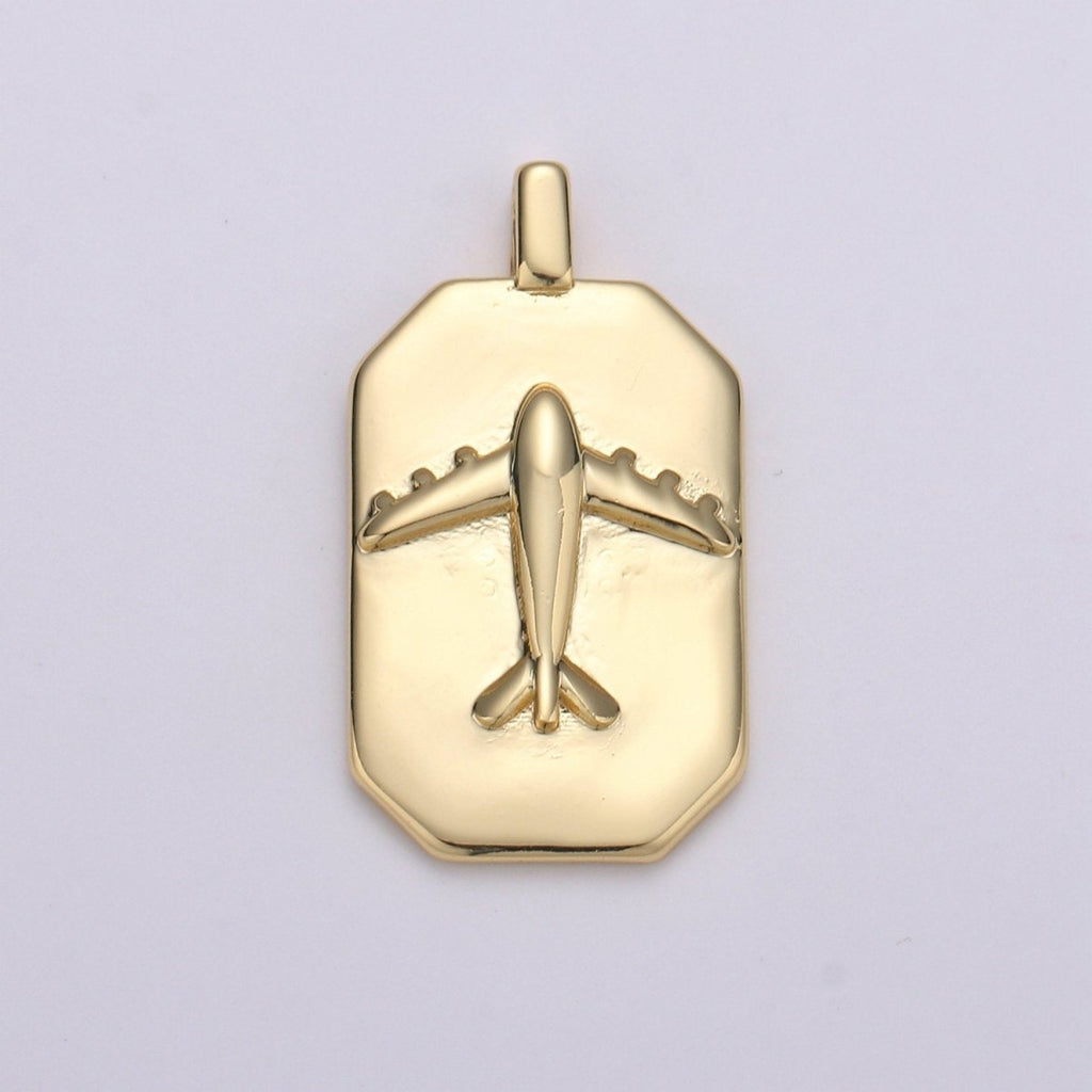 14K Gold plated Airplane Charm- Rectangle Medallion Airplane Pendant - Dainty Charm - for Necklace Bracelet Earring Component J-035 - DLUXCA