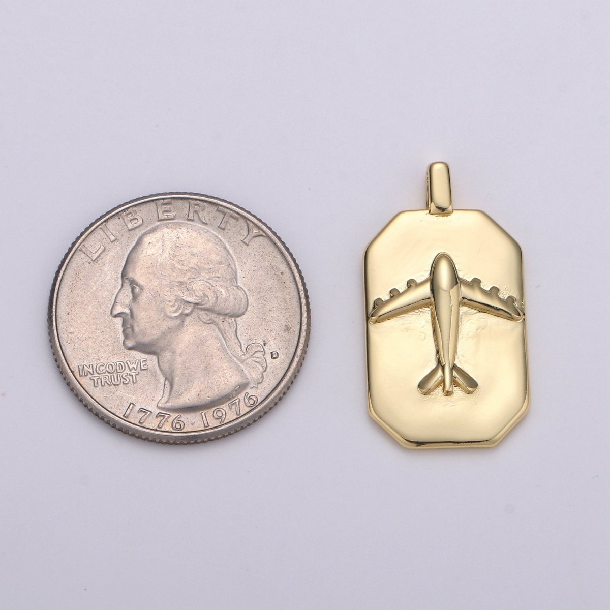 14K Gold plated Airplane Charm- Rectangle Medallion Airplane Pendant - Dainty Charm - for Necklace Bracelet Earring Component J-035 - DLUXCA