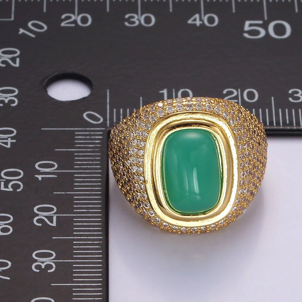14K Gold plated Amazonite Gemstone Clear Micro Paved CZ Wide Signet Ring | O1095 - DLUXCA
