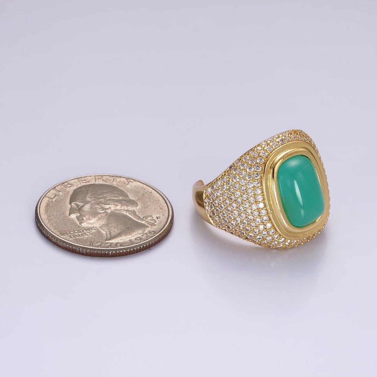 14K Gold plated Amazonite Gemstone Clear Micro Paved CZ Wide Signet Ring | O1095 - DLUXCA