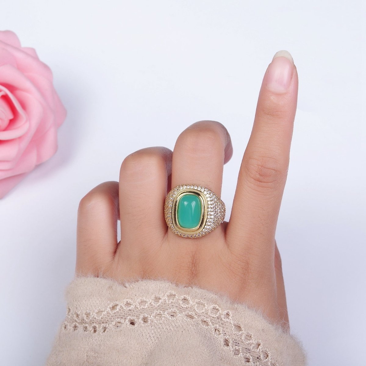 14K Gold plated Amazonite Gemstone Clear Micro Paved CZ Wide Signet Ring | O1095 - DLUXCA