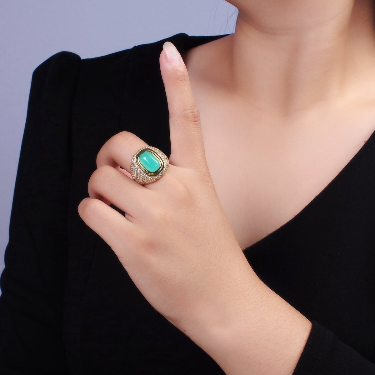 14K Gold plated Amazonite Gemstone Clear Micro Paved CZ Wide Signet Ring | O1095 - DLUXCA
