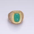 14K Gold plated Amazonite Gemstone Clear Micro Paved CZ Wide Signet Ring | O1095 - DLUXCA