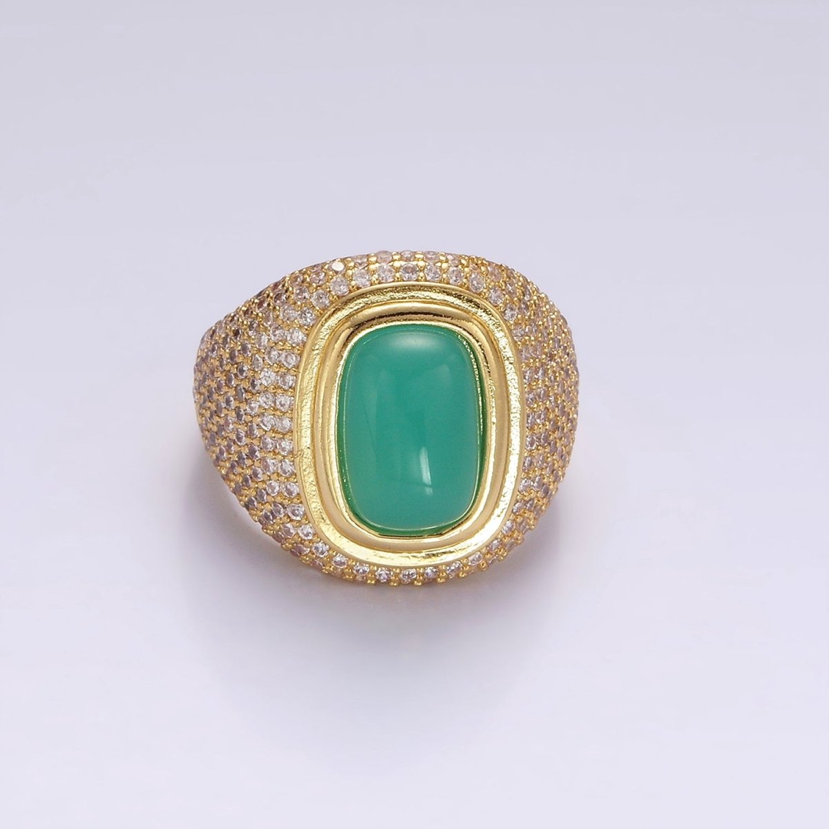14K Gold plated Amazonite Gemstone Clear Micro Paved CZ Wide Signet Ring | O1095 - DLUXCA