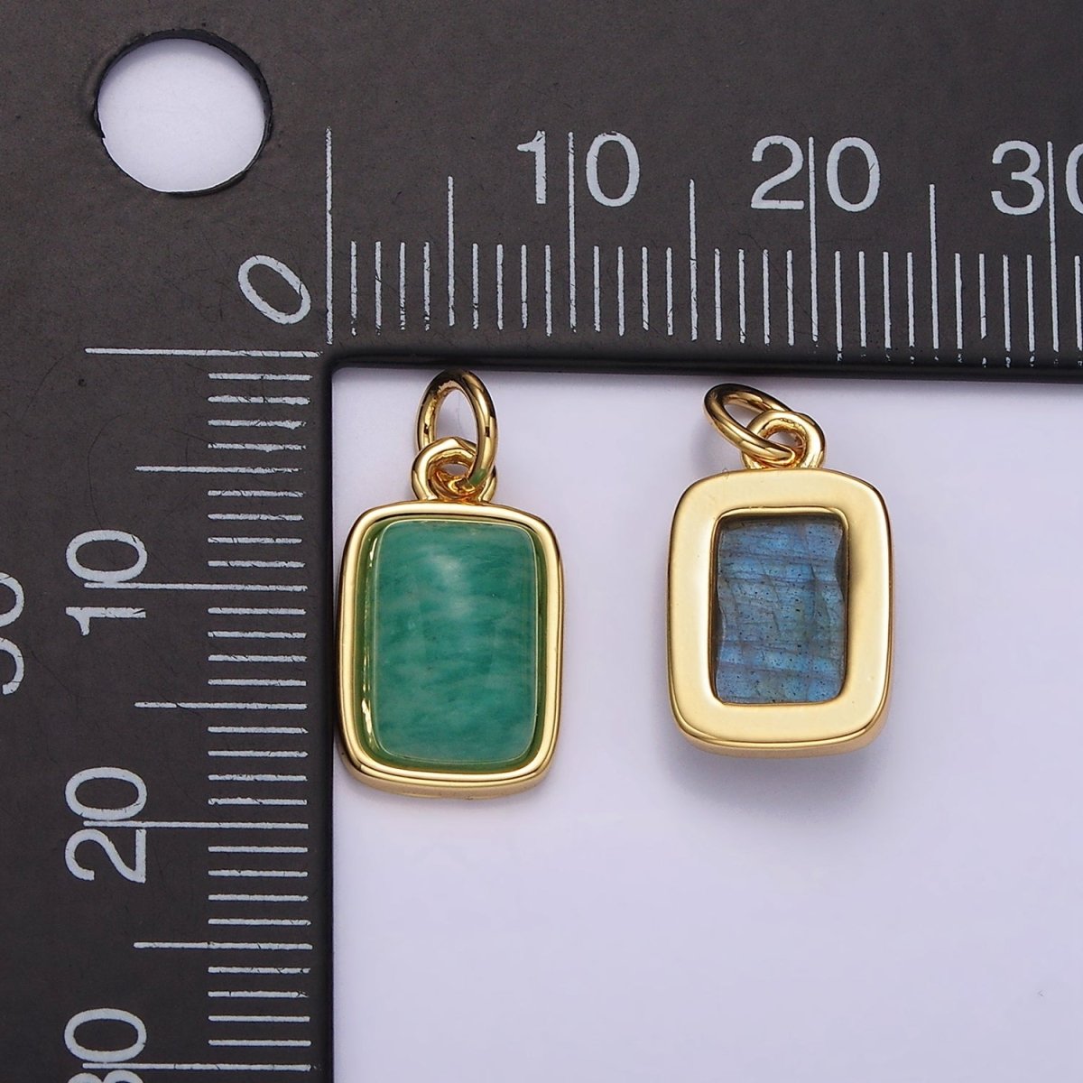 14K Gold plated Amazonite, Moonstone, Labradorite Rectangular Bezel Charm | AG-540 - AG-542 - DLUXCA