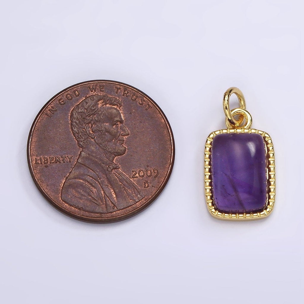 14K Gold plated Amethyst, Aventurine Rectangular Dotted Bezel Charm | AG585 AG586