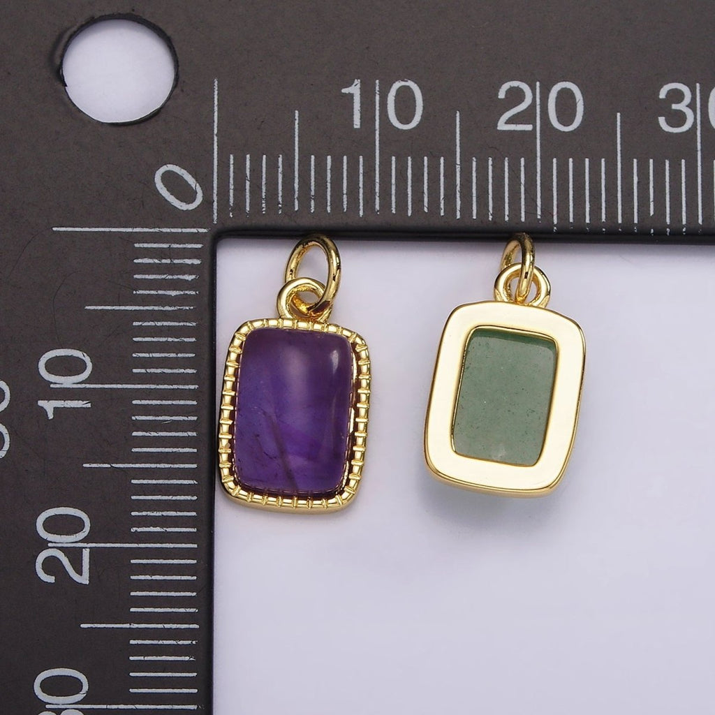 14K Gold plated Amethyst, Aventurine Rectangular Dotted Bezel Charm | AG585 AG586