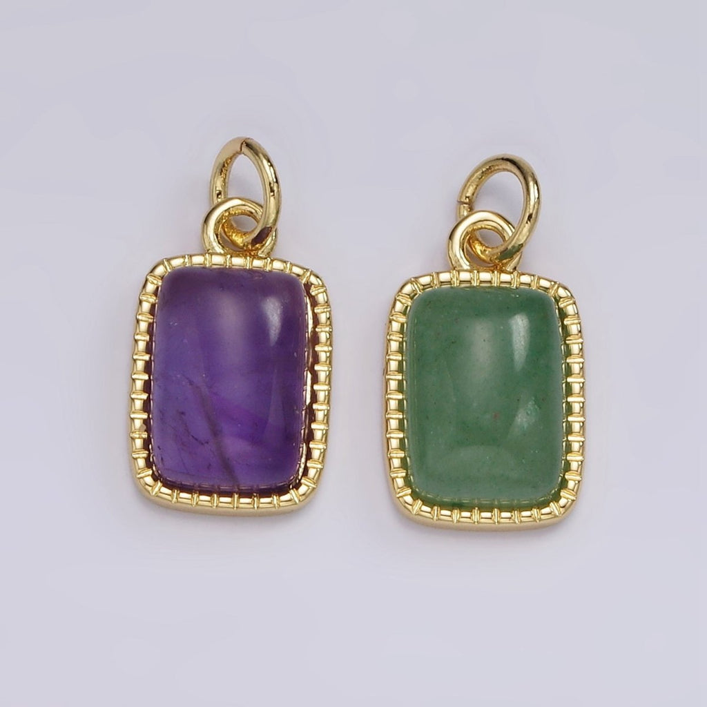 14K Gold plated Amethyst, Aventurine Rectangular Dotted Bezel Charm | AG585 AG586