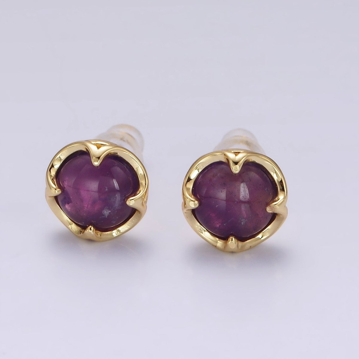 14K Gold plated Amethyst Claw Bezel Round Stud Earrings | V-261 - DLUXCA