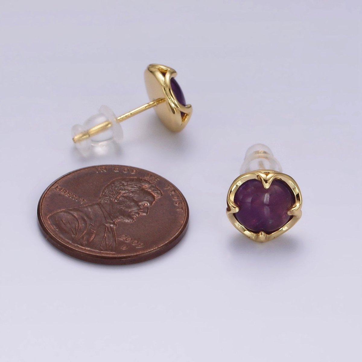 14K Gold plated Amethyst Claw Bezel Round Stud Earrings | V-261 - DLUXCA