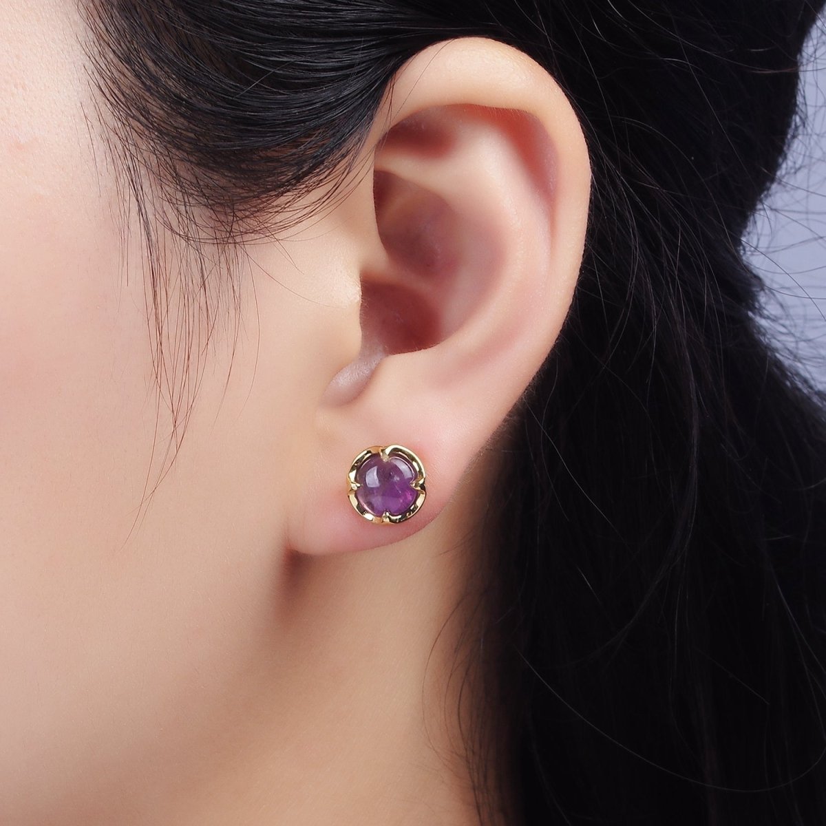 14K Gold plated Amethyst Claw Bezel Round Stud Earrings | V-261 - DLUXCA
