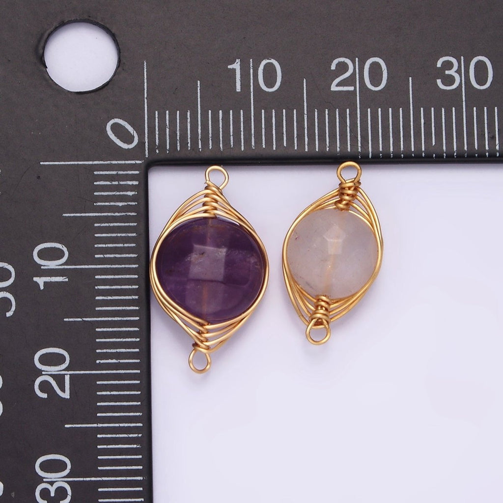 14K Gold plated Amethyst, Clear Quartz Multifaceted Round Wire Wrapped Connector | G-052 G-053