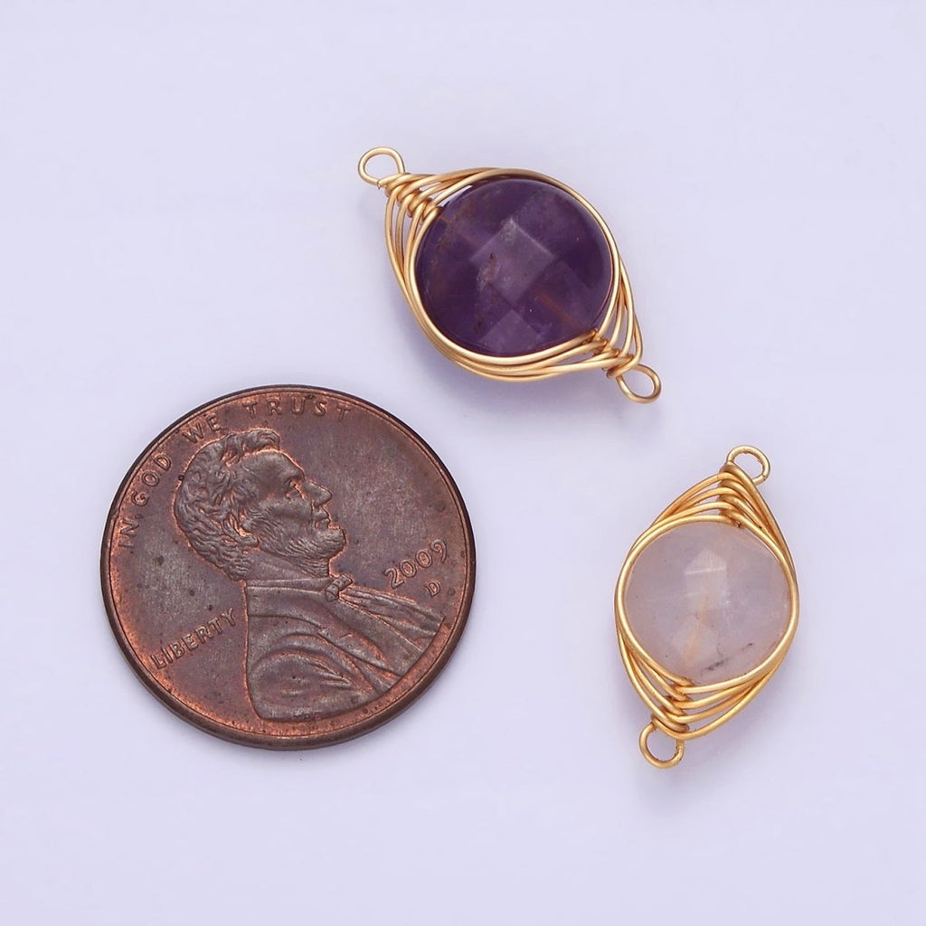 14K Gold plated Amethyst, Clear Quartz Multifaceted Round Wire Wrapped Connector | G-052 G-053