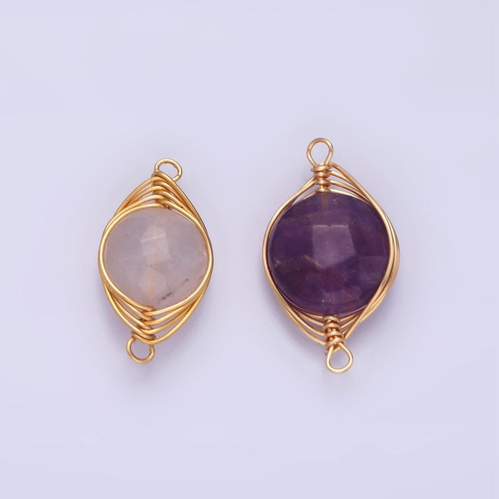 14K Gold plated Amethyst, Clear Quartz Multifaceted Round Wire Wrapped Connector | G-052 G-053