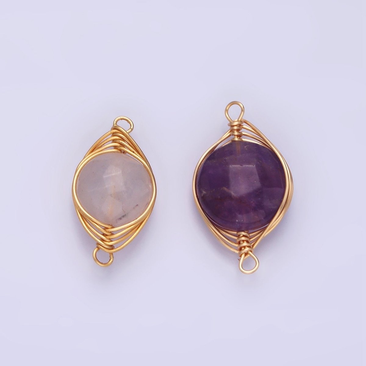 14K Gold plated Amethyst, Clear Quartz Multifaceted Round Wire Wrapped Connector | G-052 G-053
