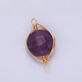 14K Gold plated Amethyst, Clear Quartz Multifaceted Round Wire Wrapped Connector | G-052 G-053