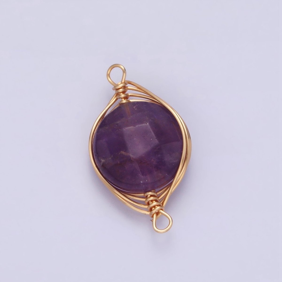 14K Gold plated Amethyst, Clear Quartz Multifaceted Round Wire Wrapped Connector | G-052 G-053