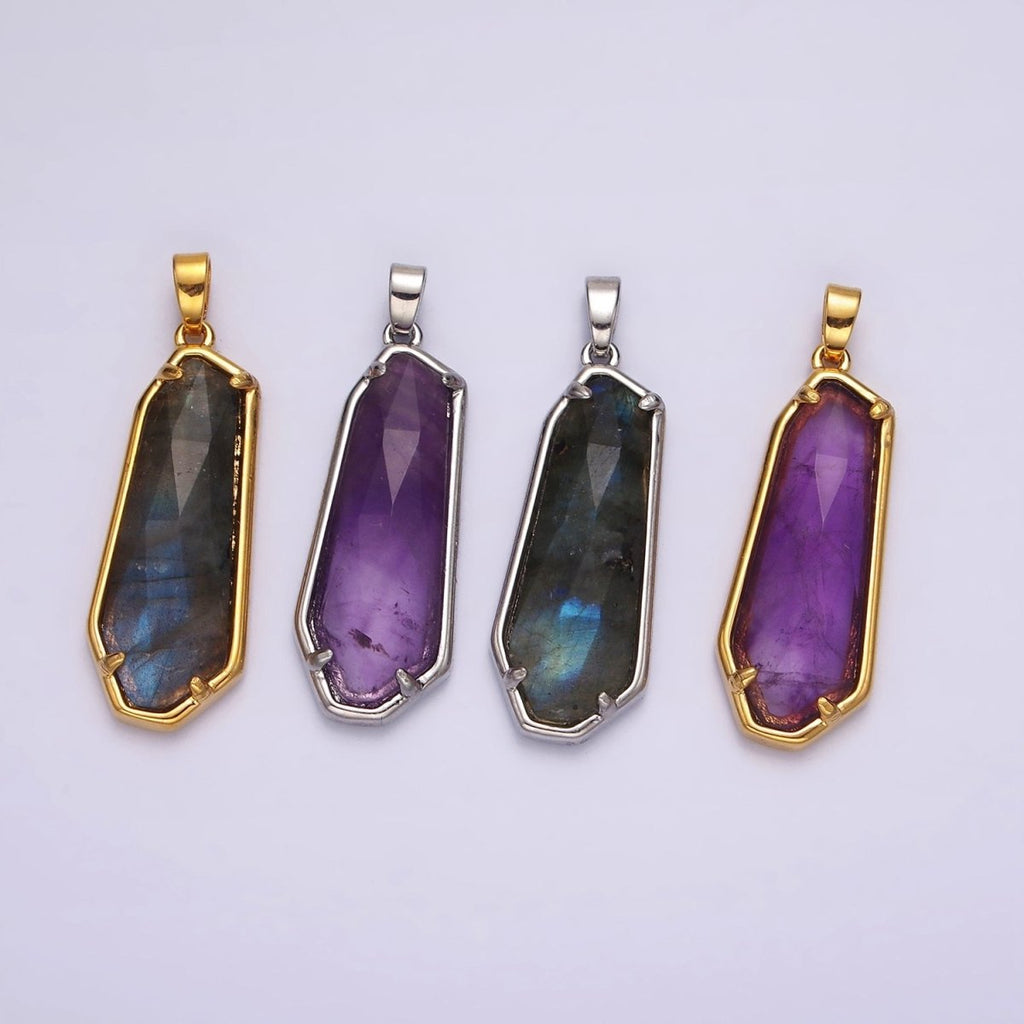 14K Gold plated Amethyst, Labradorite Multifaceted Geometric Bezel Pendant in Gold & Silver | AH038 - AH041
