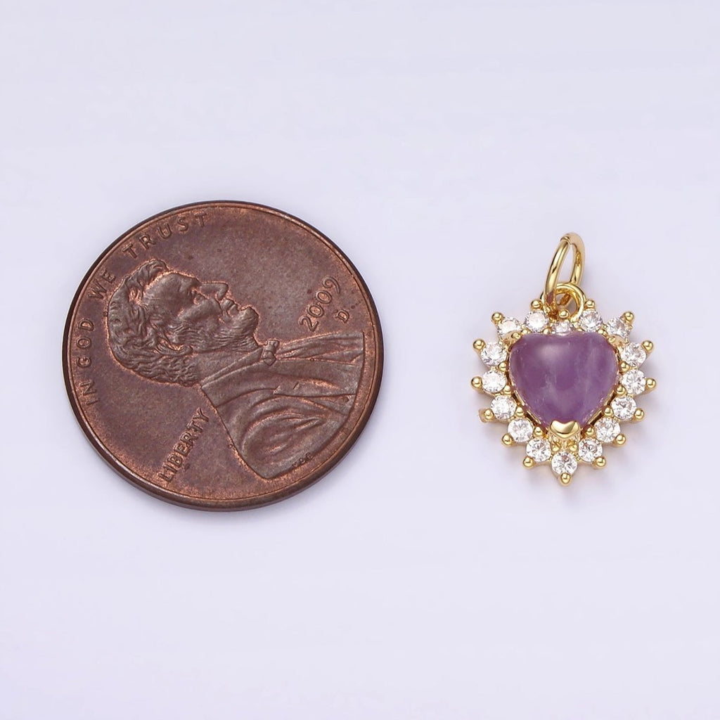 14K Gold plated Amethyst, Moss Agate Heart CZ Lined Charm | AG486 AG487 - DLUXCA