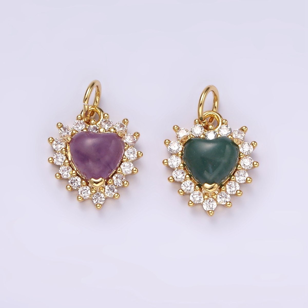 14K Gold plated Amethyst, Moss Agate Heart CZ Lined Charm | AG486 AG487 - DLUXCA