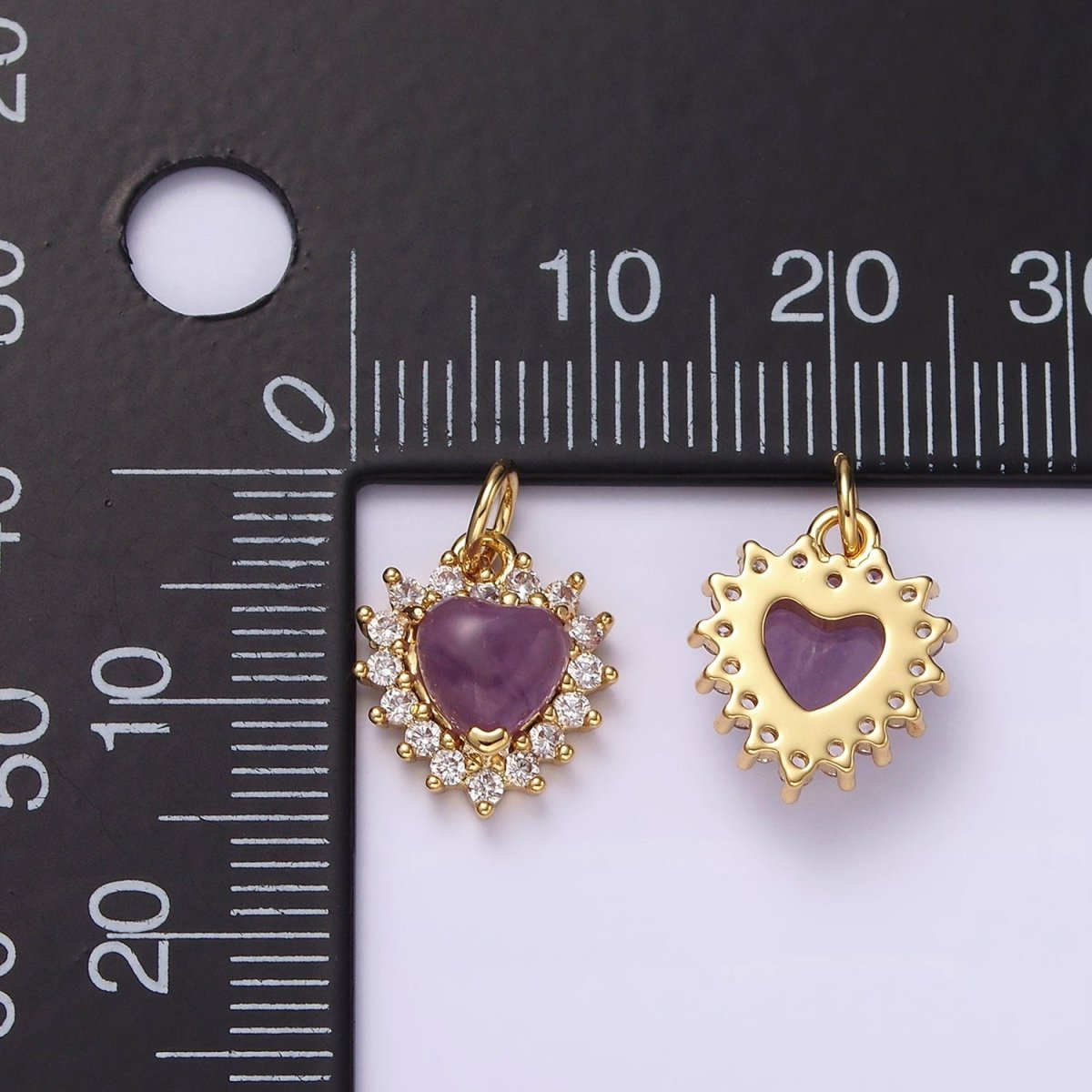 14K Gold plated Amethyst, Moss Agate Heart CZ Lined Charm | AG486 AG487 - DLUXCA