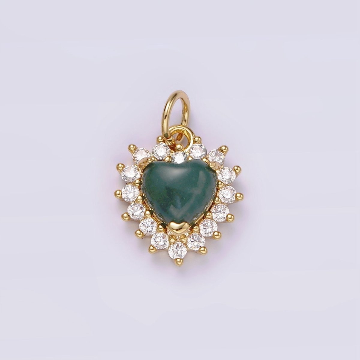 14K Gold plated Amethyst, Moss Agate Heart CZ Lined Charm | AG486 AG487 - DLUXCA