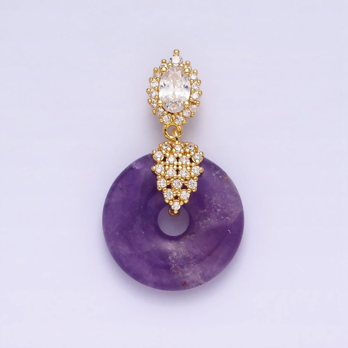 14K Gold plated Amethyst Natural Gemstone Donut Micro Paved CZ Oval Artisan Bail Pendant | AA541 - DLUXCA