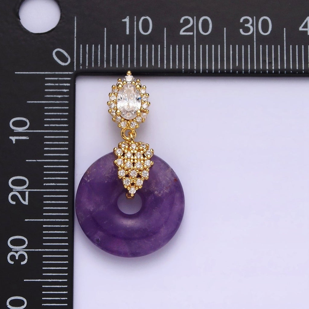 14K Gold plated Amethyst Natural Gemstone Donut Micro Paved CZ Oval Artisan Bail Pendant | AA541 - DLUXCA