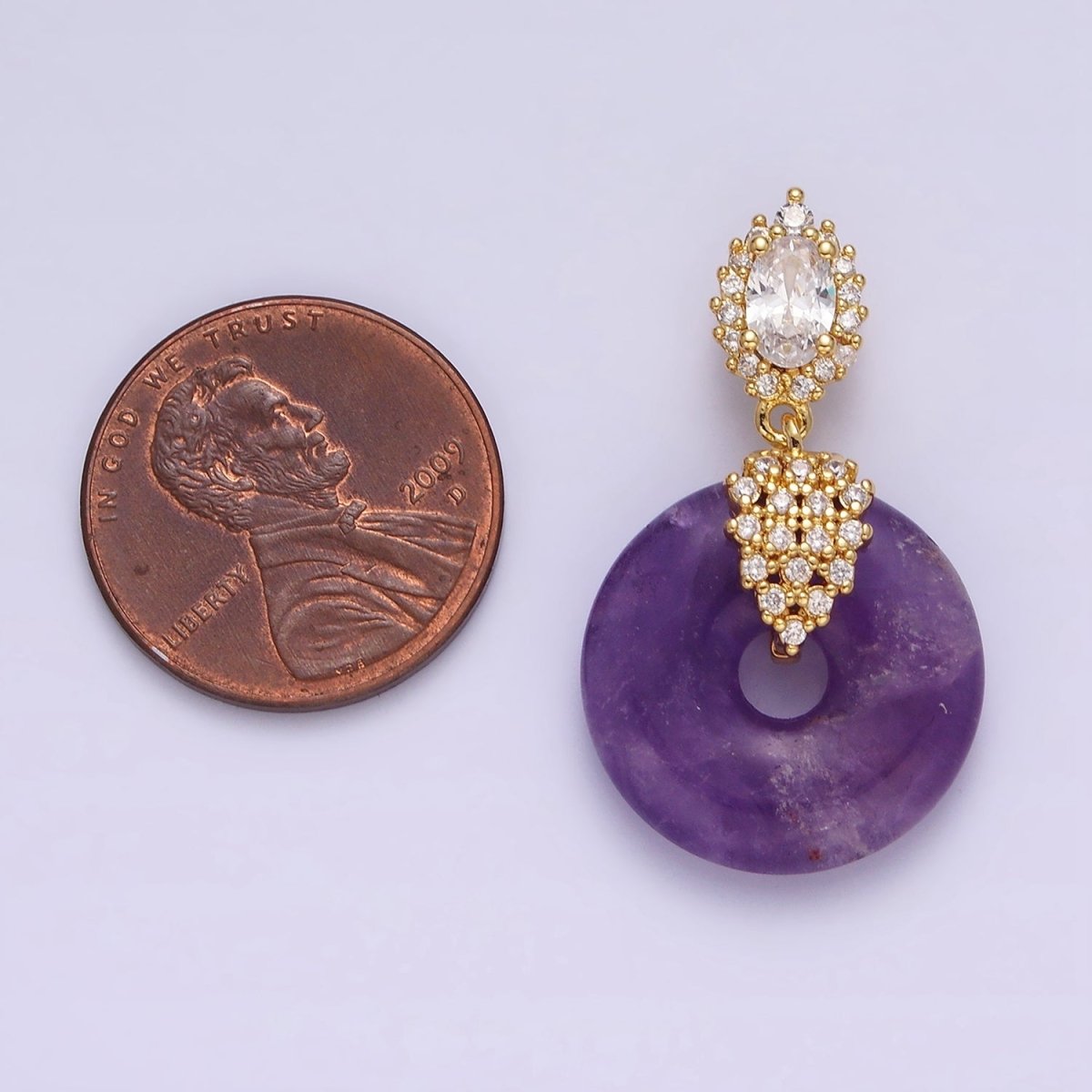 14K Gold plated Amethyst Natural Gemstone Donut Micro Paved CZ Oval Artisan Bail Pendant | AA541 - DLUXCA