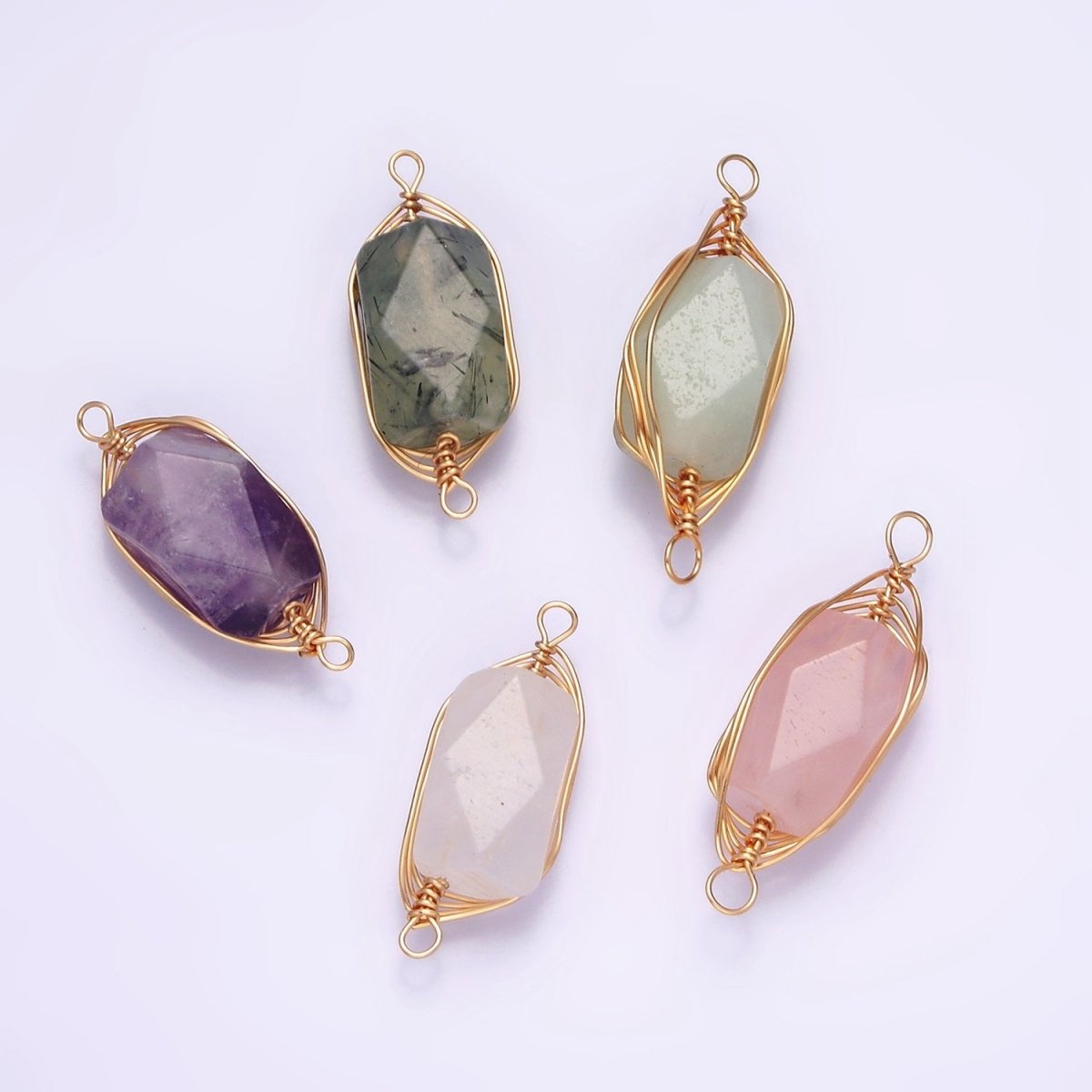 14K Gold plated Amethyst, Prehnite, Amazonite, Clear Quartz, Rose Quartz Wire Wrapped Connector | G044 - G048 - DLUXCA