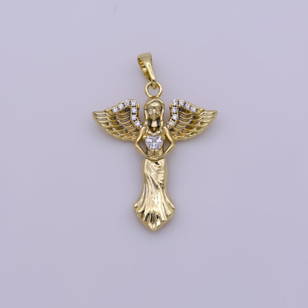 14k Gold plated Angel Charm Cubic Zirconia Guardian Angel Pendant N-1336 - DLUXCA