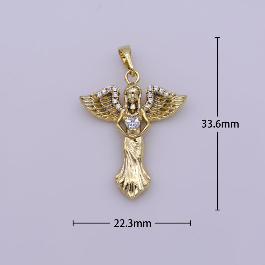 14k Gold plated Angel Charm Cubic Zirconia Guardian Angel Pendant N-1336 - DLUXCA