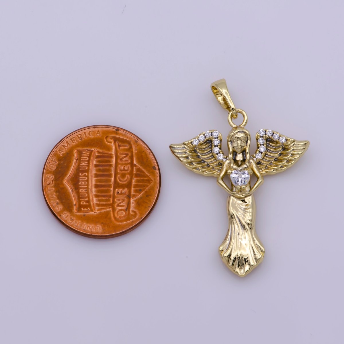 14k Gold plated Angel Charm Cubic Zirconia Guardian Angel Pendant N-1336 - DLUXCA