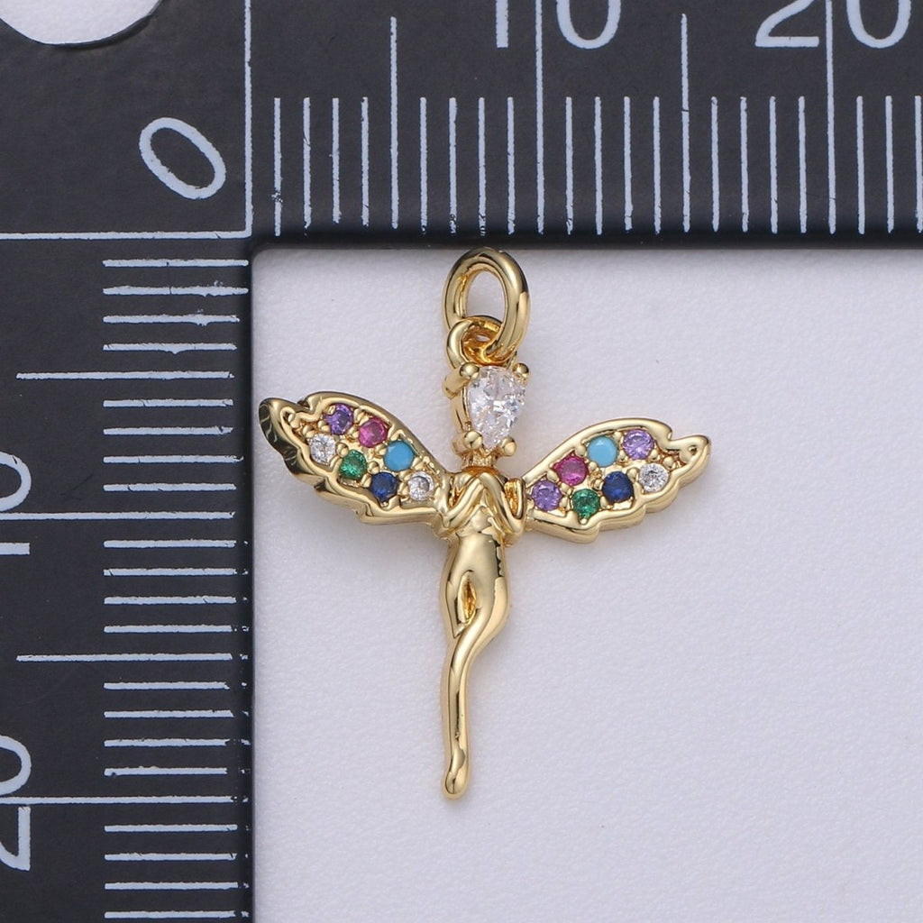 14k Gold plated Angel Charm Micro Pave Angel Charm, Rainbow Cubic Charms, CZ Gold Colorful Charm, Dainty Minimalist Jewelry SupplyC-467 - DLUXCA