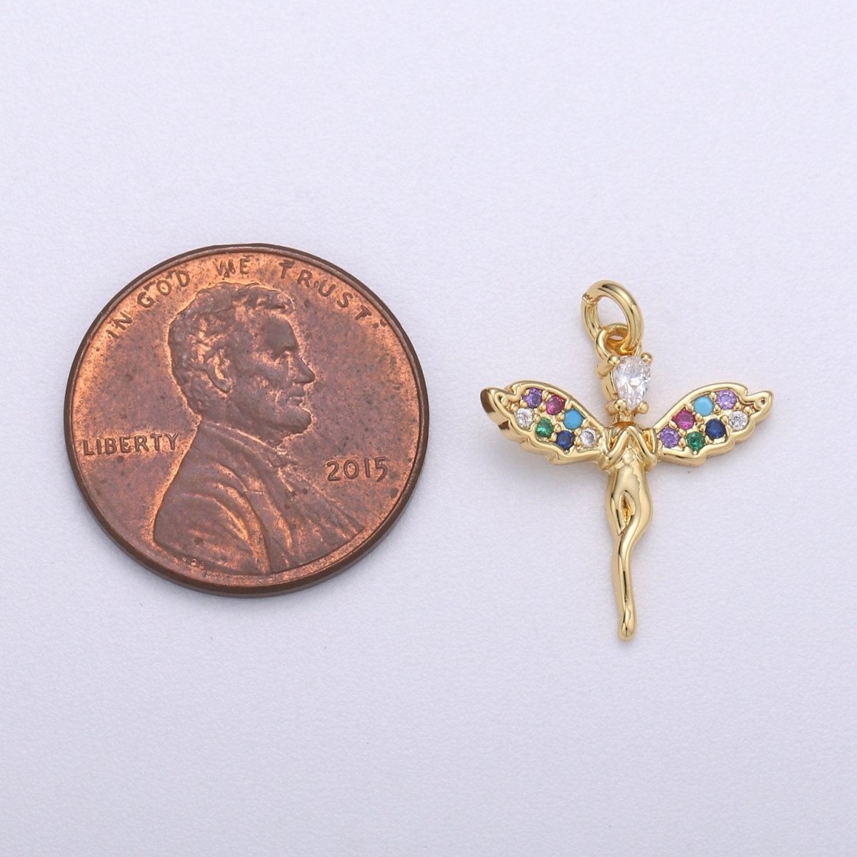 14k Gold plated Angel Charm Micro Pave Angel Charm, Rainbow Cubic Charms, CZ Gold Colorful Charm, Dainty Minimalist Jewelry SupplyC-467 - DLUXCA