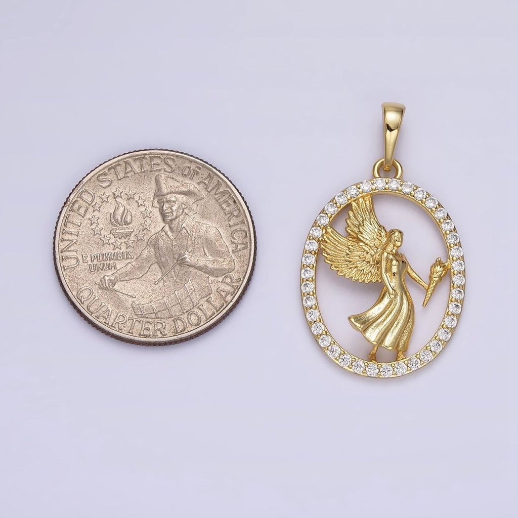 14K Gold plated Angel Feather Torch Open Micro Paved CZ Oval Pendant | AA652 - DLUXCA