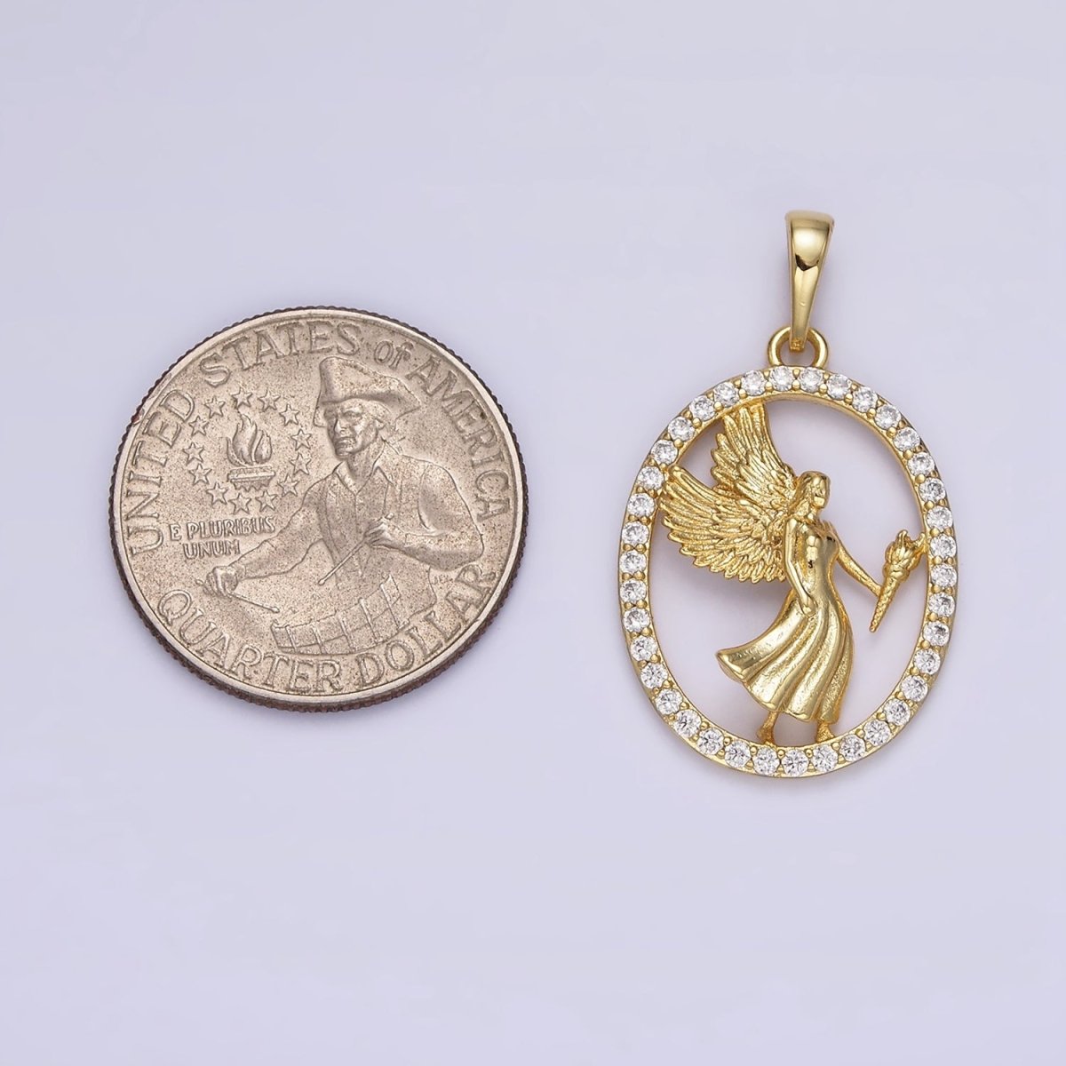 14K Gold plated Angel Feather Torch Open Micro Paved CZ Oval Pendant | AA652 - DLUXCA