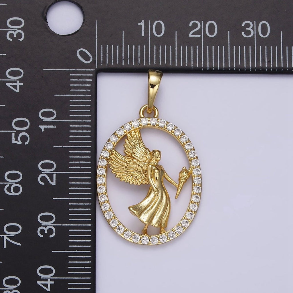 14K Gold plated Angel Feather Torch Open Micro Paved CZ Oval Pendant | AA652 - DLUXCA
