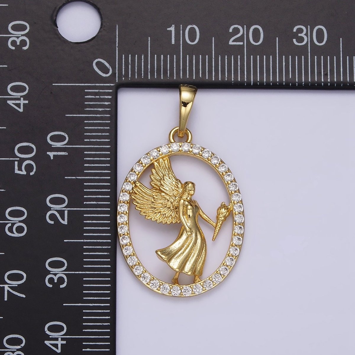 14K Gold plated Angel Feather Torch Open Micro Paved CZ Oval Pendant | AA652 - DLUXCA
