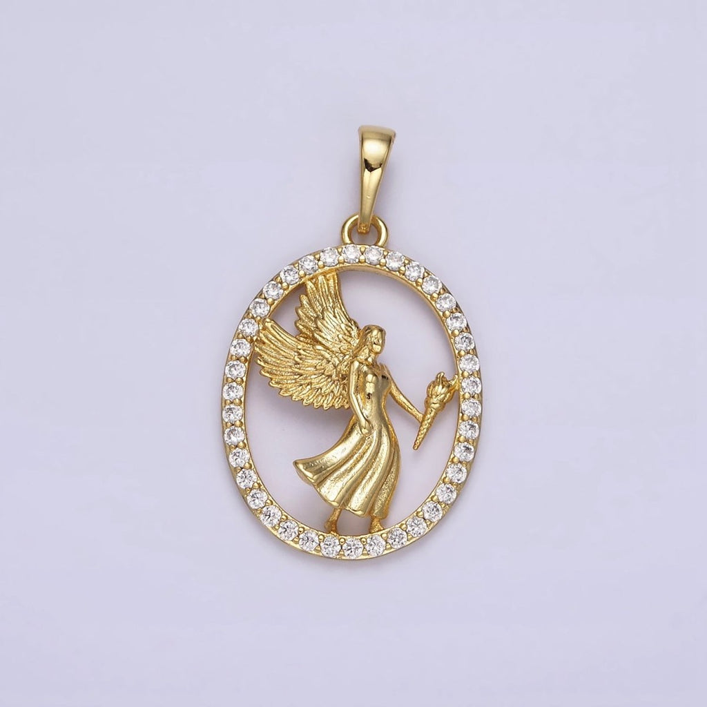 14K Gold plated Angel Feather Torch Open Micro Paved CZ Oval Pendant | AA652 - DLUXCA