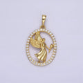 14K Gold plated Angel Feather Torch Open Micro Paved CZ Oval Pendant | AA652 - DLUXCA
