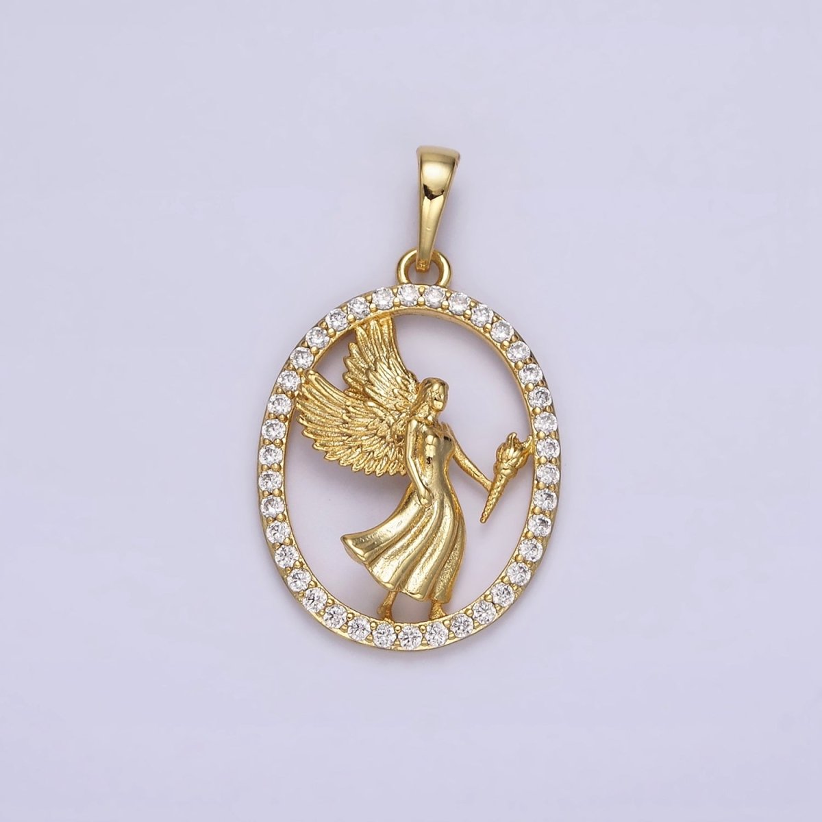 14K Gold plated Angel Feather Torch Open Micro Paved CZ Oval Pendant | AA652 - DLUXCA