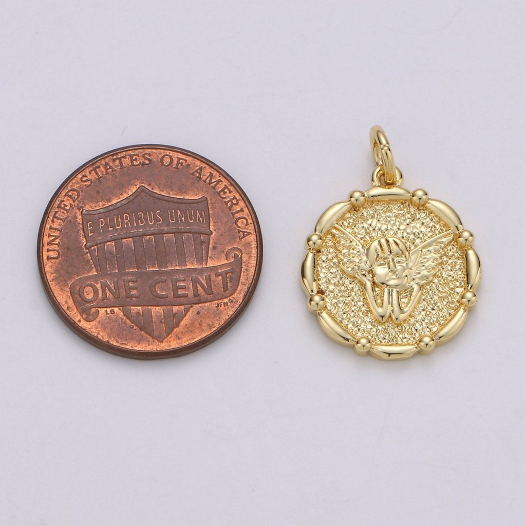 14k Gold plated Angel Pendant Charm, Cherub Pendant Charm, Gold plated Medallion Charm Round Disc Coin Charm For DIY Jewelry, D-676 - DLUXCA