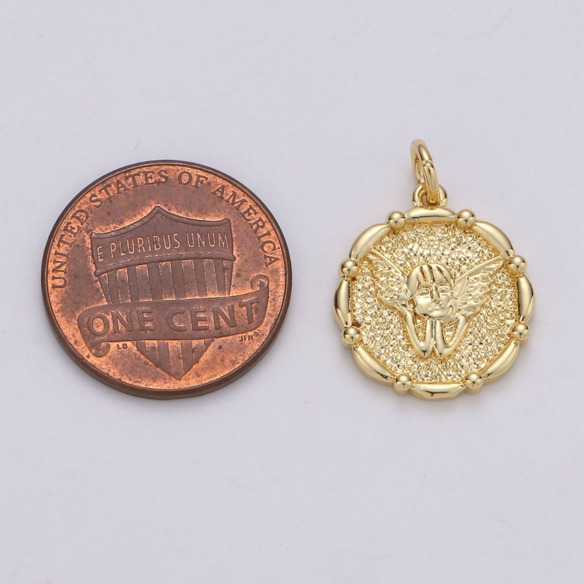 14k Gold plated Angel Pendant Charm, Cherub Pendant Charm, Gold plated Medallion Charm Round Disc Coin Charm For DIY Jewelry, D-676 - DLUXCA
