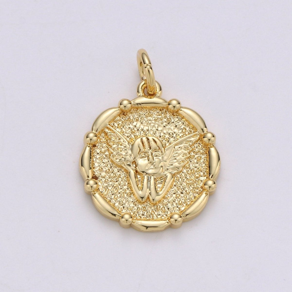 14k Gold plated Angel Pendant Charm, Cherub Pendant Charm, Gold plated Medallion Charm Round Disc Coin Charm For DIY Jewelry, D-676 - DLUXCA
